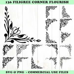 Puede incluir: Una colección de 136 diseños de esquinas con adornos de filigrana en negro. Los diseños incluyen varios elementos de esquina florales y ornamentales. La imagen incluye el texto "SVG & PNG - COMMERCIAL USE FILES" en la parte inferior.