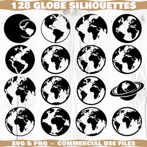 May include: A collection of 16 black globe silhouettes in various views. The image includes the text "128 GLOBE SILHOUETTES" at the top and "SVG & PNG - COMMERCIAL USE FILES" at the bottom. The globes are suitable for digital design projects.