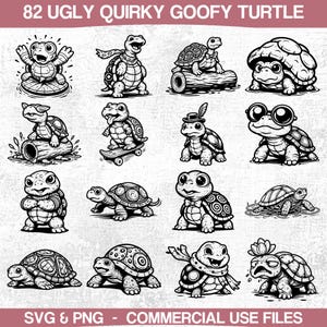 Könnte beinhalten: Eine Sammlung von 12 schwarz-weißen Cartoon-Schildkröten-Illustrationen in verschiedenen Posen. Die Schildkröten haben skurrile Ausdrücke und werden mit Accessoires wie Hüten und Brillen dargestellt. Der Text oben lautet "82 UGLY QUIRKY GOOFY TURTLE".