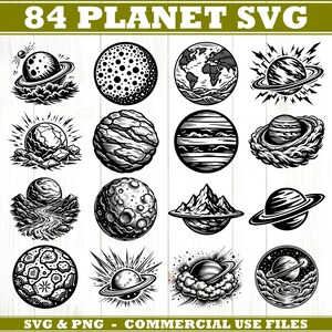 May include: A collection of 12 black and white planet illustrations. Each planet design is unique, featuring details like rings, craters, and surface textures. The image includes the text "84 PLANET SVG" and "SVG & PNG - COMMERCIAL USE FILES".