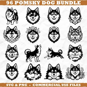 Pode incluir: Uma coleção de 16 ilustrações de cães Pomsky em preto e branco. As imagens incluem retratos de corpo inteiro e de cabeça, alguns com acessórios como óculos de sol ou detalhes florais. O texto na parte superior diz "96 Pomsky Dog Bundle".