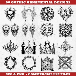 Peut inclure: Une collection de 96 motifs ornementaux gothiques en noir et blanc. Les motifs comprennent des crânes, des portes, des couronnes et des éléments floraux. Le texte en haut indique "96 GOTHIC ORNAMENTAL DESIGNS". Le texte en bas indique "SVG & PNG - COMMERCIAL USE FILES".