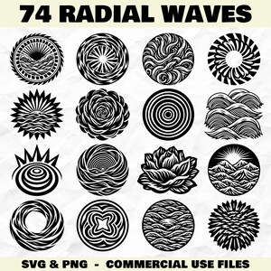 May include: A selection of 16 black and white radial wave designs in circular forms. The designs feature waves, sunbursts, floral patterns, and geometric shapes. Text at the top reads "74 RADIAL WAVES". The bottom text reads "SVG & PNG - COMMERCIAL USE FILES".