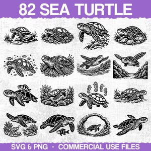 Puede incluir: Ilustraciones en blanco y negro de tortugas marinas en varias poses, nadando, descansando sobre rocas e interactuando con la vida marina. El texto "82 SEA TURTLE" está en la parte superior, con "SVG & PNG - COMMERCIAL USE FILES" en la parte inferior.
