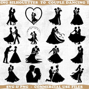 Könnte beinhalten: Eine Sammlung schwarzer Silhouetten von tanzenden, sich umarmenden und romantisch posierenden Paaren. Die Bilder zeigen Paare in formeller Kleidung, mit einem herzförmigen Rahmen und dem Text "SVG & PNG - COMMERCIAL USE FILES."