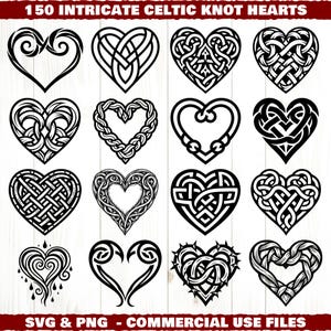 May include: A collection of 16 black and white Celtic knot heart designs. The image includes the text "150 INTRICATE CELTIC KNOT HEARTS" at the top and "SVG & PNG - COMMERCIAL USE FILES" at the bottom.