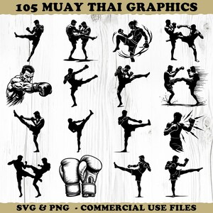 Puede incluir: Una colección de 105 gráficos de Muay Thai en blanco y negro con siluetas de luchadores en varias poses de patadas y puñetazos, junto con un par de guantes de boxeo. Se incluye el texto 105 MUAY THAI GRAPHICS y SVG & PNG - COMMERCIAL USE FILES.