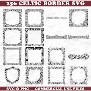 May include: A collection of 256 Celtic border SVG and PNG files. The designs include various square and rectangular frames, decorative bands, and a shield, all featuring intricate knotwork patterns in black and white. The text "SVG & PNG - COMMERCIAL USE FILES" is at the bottom.