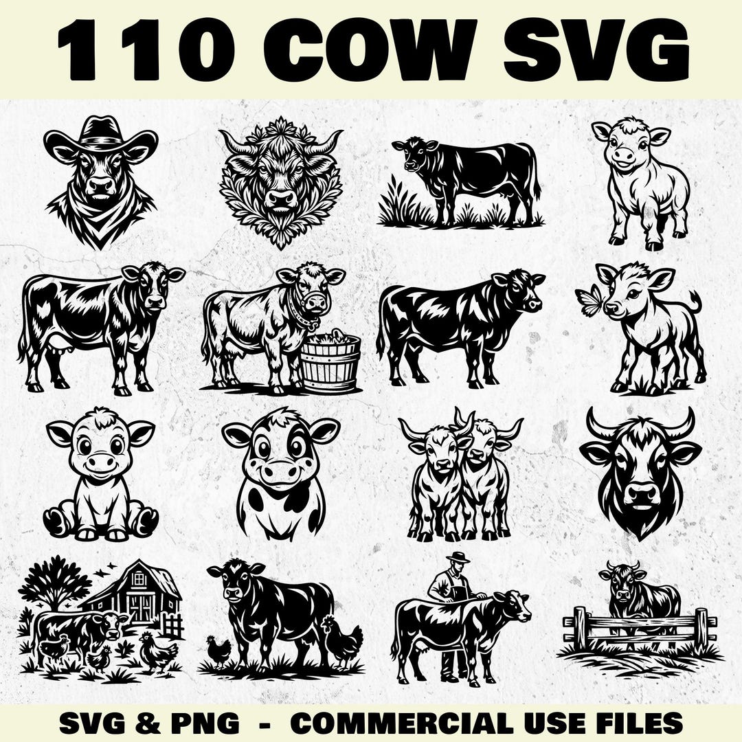 Cow Svg & Png Bundle for Cricut and Laser Engrave Projects Farm Animal ...