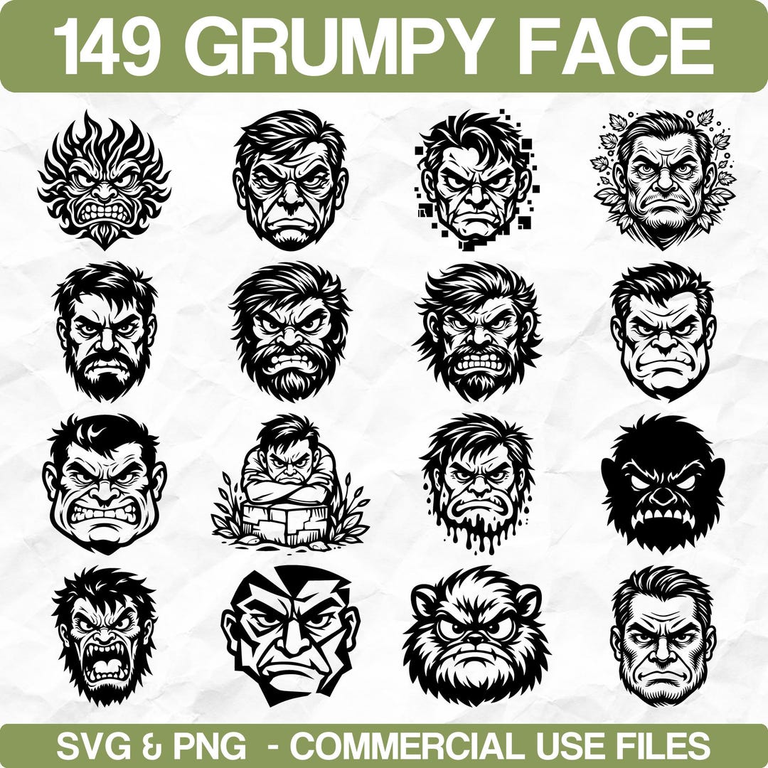 Grumpy Face Graphics Grumpy Face Emotion Variations Svg & Png Bundle for Cricut and Laser ...