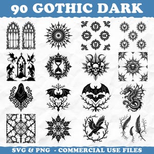 Può includere: Una collezione di 90 file SVG e PNG Gothic Dark in bianco e nero. I disegni includono finestre gotiche, pipistrelli, teschi, draghi e altre illustrazioni a tema dark. Il testo "SVG & PNG - COMMERCIAL USE FILES" è in basso.