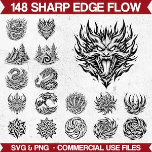 Puede incluir: Una colección de archivos SVG y PNG en blanco y negro con varios diseños de bordes afilados. Los diseños incluyen dragones, montañas y formas abstractas. Se muestra el texto "148 SHARP EDGE FLOW" y "SVG & PNG - COMMERCIAL USE FILES".
