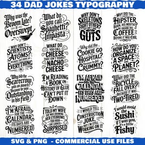 Op de afbeelding: Een digitaal ontwerp met 16 vadergrappen in een zwart-witte typografiestijl. De zinnen zijn gerangschikt in een raster, waarbij elke grap wordt gepresenteerd in een uniek, decoratief lettertype. Het ontwerp bevat de tekst "SVG & PNG - COMMERCIAL USE FILES".