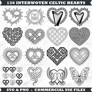 May include: A collection of 16 black and white Celtic heart designs. The image includes various heart shapes with interwoven patterns, harps, doves, and a butterfly. Text at the top reads "136 Interwoven Celtic Hearts". The bottom text says "SVG & PNG - COMMERCIAL USE FILES".