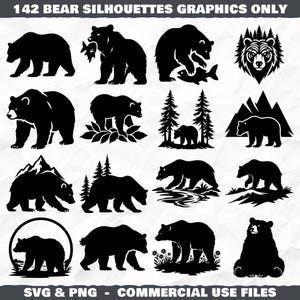 May include: A collection of 142 black bear silhouette graphics. The images include bears in various poses, such as walking, standing, and interacting with their environment. Text at the top reads "142 BEAR SILHOUETTES GRAPHICS ONLY".