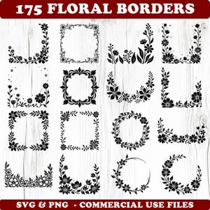 Könnte beinhalten: Eine Sammlung von 175 floralen Bordüren in Schwarz, dargestellt auf einem weißen Hintergrund in Holzoptik. Die Bordüren variieren in Form und Stil, einschließlich Ecken, Rahmen und kreisförmigen Anordnungen. Der Text oben lautet "175 Floral Borders".