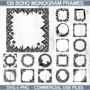 May include: A collection of 138 black and white boho monogram frames in various shapes, including squares, circles, and rectangular designs. The frames feature floral, leaf, and geometric patterns. The text "138 BOHO MONOGRAM FRAMES" is at the top.