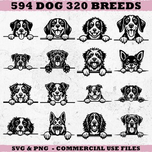 以下が含まれることがあります： 様々な犬種の白黒イラスト。各犬は笑顔で、足は水平線に置かれています。上部には「594 DOG 320 BREEDS」と書かれ、下部には「SVG & PNG - COMMERCIAL USE FILES」と書かれています。