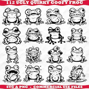 Könnte beinhalten: Eine Sammlung von 16 schwarz-weißen Strichzeichnungen von Fröschen mit verschiedenen Ausdrücken und Posen. Der Text 112 UGLY QUIRKY GOOFY FROG steht oben und SVG & PNG - COMMERCIAL USE FILES unten im Bild.