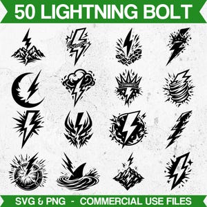 May include: A selection of 50 black lightning bolt designs in diverse styles. The designs feature lightning bolts with mountains, clouds, crowns, and other decorative elements. The text "50 LIGHTNING BOLT" and "SVG & PNG - COMMERCIAL USE FILES" are displayed.