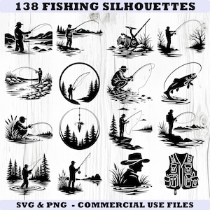 May include: Black and white fishing silhouettes. The image features 138 illustrations of people fishing, fishing rods, and related imagery. Text at the top reads "138 FISHING SILHOUETTES". The bottom of the image reads "SVG & PNG - COMMERCIAL USE FILES".