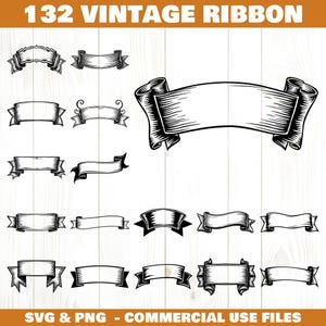 May include: A collection of 132 vintage ribbon designs in black and white. The image includes various banner shapes with scrollwork and text space. The text "132 VINTAGE RIBBON" is at the top, and "SVG & PNG - COMMERCIAL USE FILES" is at the bottom.