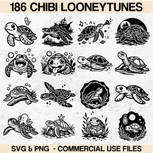 May include: A collection of 16 black and white Chibi Looney Tunes turtle illustrations. Each turtle design is unique, with varying poses and details, including some with musical notes, ships, and bubbles. The text "186 CHIBI LOONEYTUNES" is at the top.