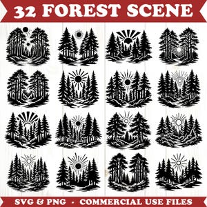 May include: A collection of 32 black and white forest scene designs. Each design features stylized trees, a sun, and the text "32 FOREST SCENE". The bottom of the image includes the text "SVG & PNG - COMMERCIAL USE FILES".