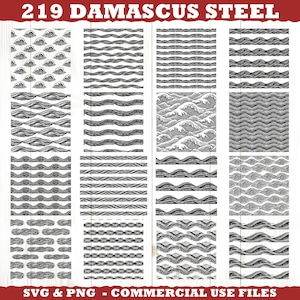Könnte beinhalten: Eine Sammlung von Damaststahlmustern in Schwarz und Weiß. Die Muster umfassen wellenförmige Linien, wolkenartige Formen und Wellenillustrationen. Der Text "219 DAMASCUS STEEL" steht oben und "SVG & PNG - COMMERCIAL USE FILES" unten.
