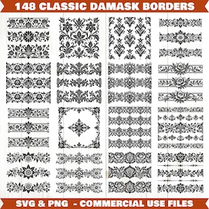 Peut inclure: Une collection de 148 bordures damassées classiques en noir et blanc. Les motifs incluent des motifs floraux, à volutes et géométriques, adaptés à divers projets de conception. Le texte "SVG & PNG - COMMERCIAL USE FILES" est inclus.