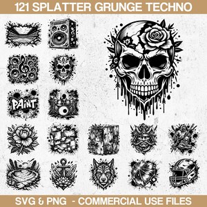 May include: Black and white digital illustrations with a grunge techno theme. The image features various designs, including a skull with floral accents, musical elements, and other graphic elements. The text "121 SPLATTER GRUNGE TECHNO" is at the top.