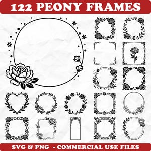 Bold Minimalist Peony Frames Svg Png Bundle for Cricut and Laser Engrave instant downloads