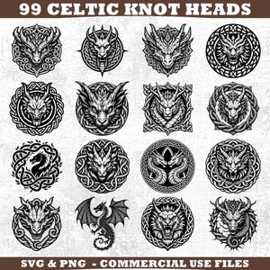 May include: A collection of 99 Celtic knot dragon head designs in black and white. The image includes various dragon illustrations, some within circular or square frames, and one full dragon. Text at the top reads "99 Celtic Knot Heads."