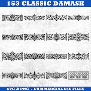 May include: A collection of 153 Classic Damask designs in black and white. The designs feature intricate floral and scroll patterns, perfect for various creative projects. The image includes the text "SVG & PNG - COMMERCIAL USE FILES".