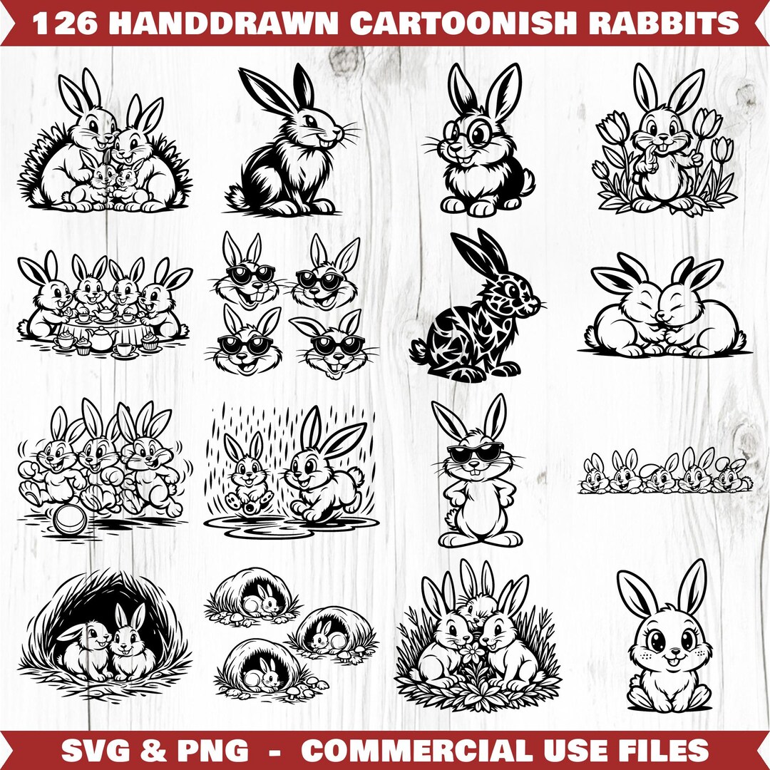 Handdrawn Cartoonish Rabbits Svg & Png Bundle for Cricut and Laser ...