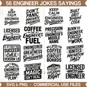 May include: A selection of 16 black and white engineer-themed quotes and sayings. Phrases include "Keep Calm and Engineer Brilliance," "Coffee is the Engineer's Fuel," and "Engineering Ignites Innovation Daily." The image also includes the text "SVG & PNG - COMMERCIAL USE FILES."