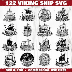 Puede incluir: Una colección de 12 diseños SVG de barcos vikingos en blanco y negro. Las ilustraciones representan varios barcos largos vikingos navegando sobre agua ondulada, con detalles como velas, remos y elementos decorativos. El texto en la parte superior dice "122 VIKING SHIP SVG".