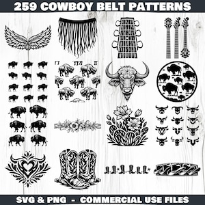 May include: A selection of 259 cowboy belt patterns in SVG and PNG formats. The black and white designs feature wings, fringe, guitar necks, bison, floral elements, cowboy boots, and belt buckles. The text "SVG & PNG - COMMERCIAL USE FILES" is at the bottom.