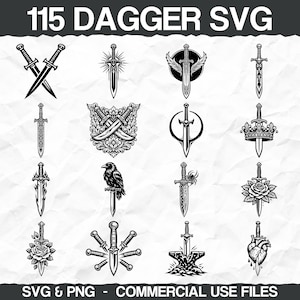 May include: A collection of 115 black and white dagger SVG designs. The image features various dagger illustrations, including crossed daggers, daggers with wings, and daggers with floral elements. Text at the top reads "115 DAGGER SVG".