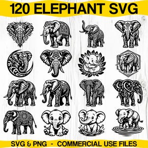 May include: A collection of 120 elephant SVG and PNG designs in black and white. The designs include various elephant illustrations, some with intricate patterns and others in a cartoon style. The text "120 ELEPHANT SVG" is at the top.