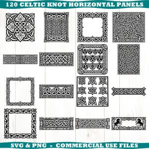 May include: A collection of 120 black and white Celtic knot horizontal panels. The panels feature various intricate designs, including borders, frames, and decorative elements. The image includes the text "120 Celtic Knot Horizontal Panels" and "SVG & PNG - Commercial Use Files."