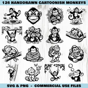 May include: A selection of 126 hand-drawn cartoonish monkey illustrations in black and white. The images show different monkey poses and activities, such as swinging, playing, and relaxing. Text at the top reads "126 HANDDRAWN CARTOONISH MONKEYS". The bottom text reads "SVG & PNG - COMMERCIAL USE FILES".