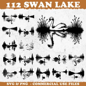 May include: A collection of black and white swan lake designs. The designs include swans, trees, and water reflections. Text at the top reads "112 SWAN LAKE". The bottom text reads "SVG & PNG - COMMERCIAL USE FILES".