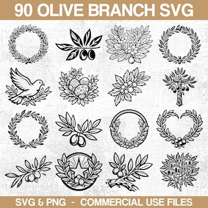 Puede incluir: Archivos SVG y PNG en blanco y negro con diseños de ramas de olivo. La imagen incluye coronas, ramas de olivo con aceitunas y otras ilustraciones botánicas. El texto en la parte superior dice "90 OLIVE BRANCH SVG". El texto inferior dice "SVG & PNG - COMMERCIAL USE FILES".