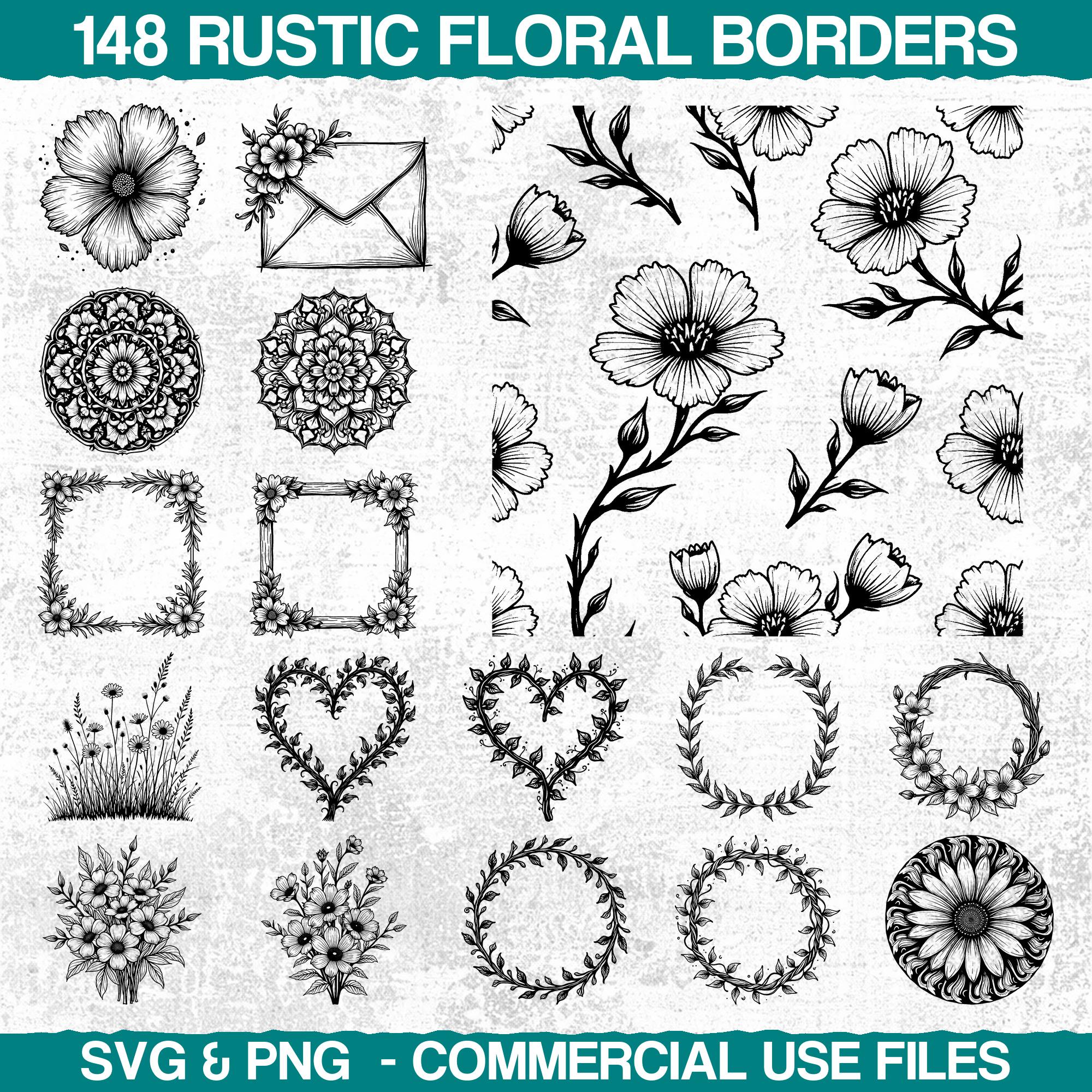Rustic Border Shape Svg Rustic Floral Borders Svg & Png Bundle for Cricut and Laser Engrave ...