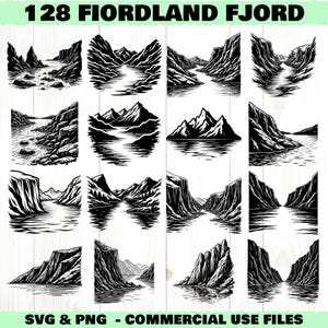 Può includere: Una collezione di 128 illustrazioni in bianco e nero dei fiordi di Fiordland. Le immagini raffigurano varie scene di montagne e acqua, con il testo "128 FIORDLAND FJORD" in alto e "SVG & PNG - COMMERCIAL USE FILES" in basso.