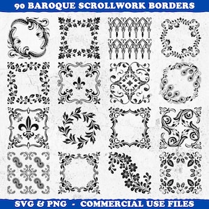 May include: A collection of 90 Baroque scrollwork borders in black, arranged in a grid. The designs include floral, leaf, and geometric patterns, suitable for various design projects. The text "SVG & PNG - COMMERCIAL USE FILES" is at the bottom.