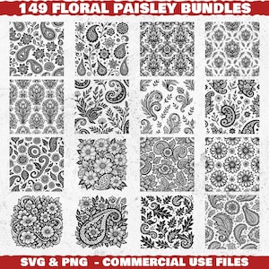 May include: A collection of 16 black and white floral paisley patterns. The designs include various floral and paisley motifs, including flowers, leaves, and intricate swirls. The text at the top reads "149 Floral Paisley Bundles". The bottom text reads "SVG & PNG - COMMERCIAL USE FILES".