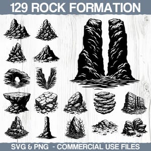Peut inclure: Une collection de 129 illustrations en noir et blanc de formations rocheuses. L'image comprend diverses formations rocheuses, telles que des montagnes, des arches et des pierres en couches. Le texte en haut indique "129 ROCK FORMATION". Le texte en bas indique "SVG & PNG - COMMERCIAL USE FILES".