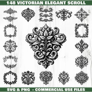 May include: A collection of 148 Victorian elegant scroll designs in black and white. The designs include ornate borders, frames, and floral motifs. Text at the top reads "148 Victorian Elegant Scroll". The bottom text reads "SVG & PNG - COMMERCIAL USE FILES".